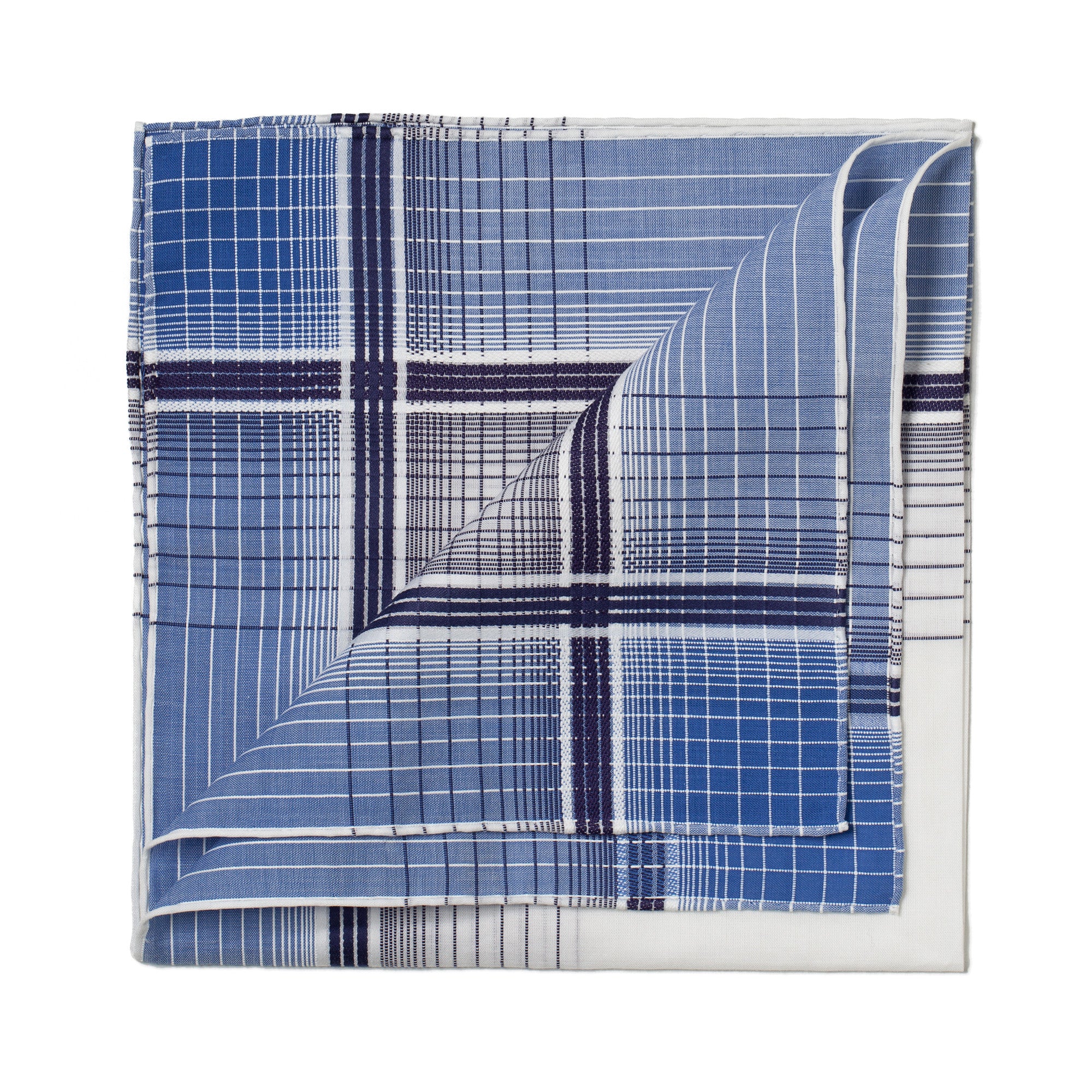 Blue and White Patterned Pocket Square "Opera" made of Cotton - hand-rolled